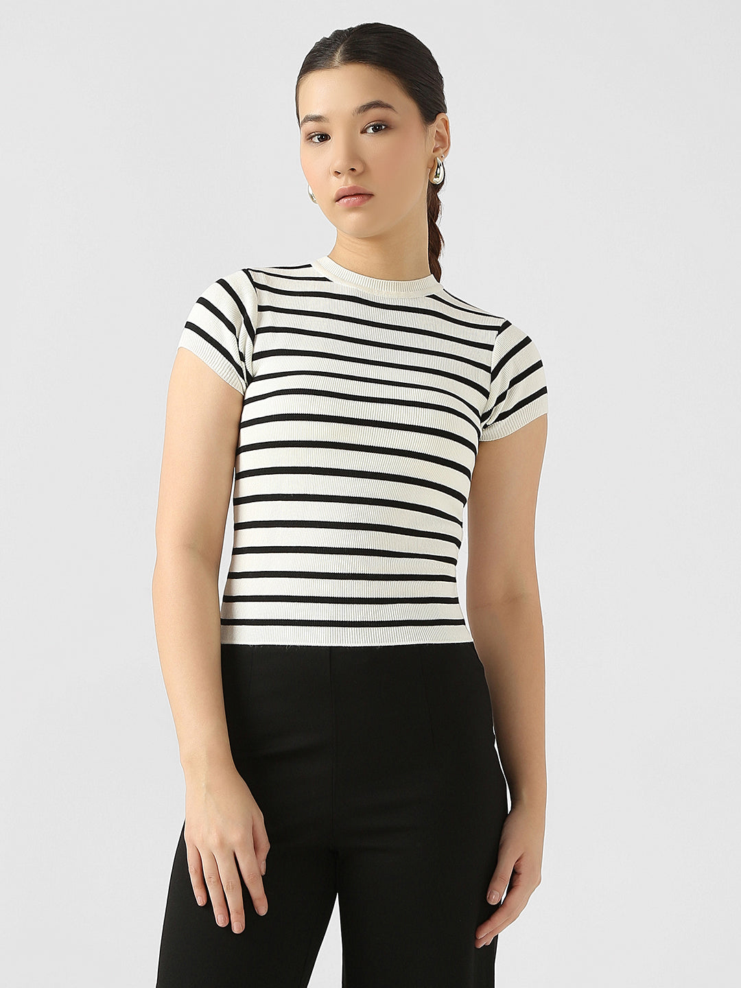 Women Black/White Stripe Flat Knit