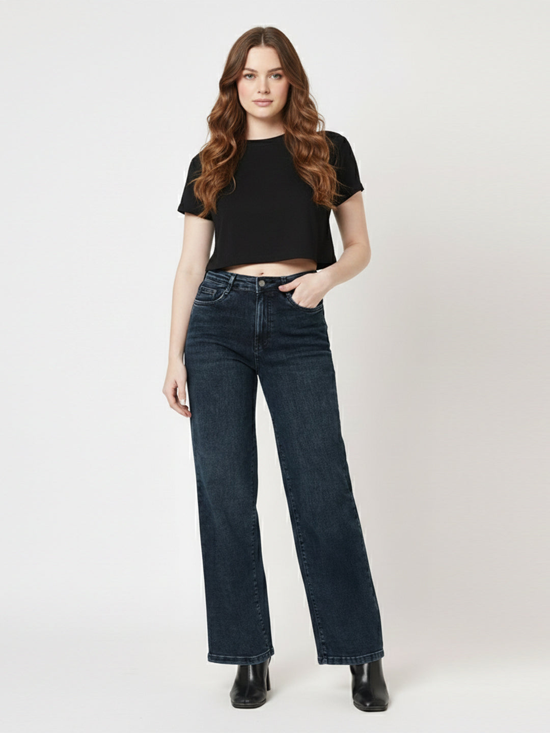 Women Autumn Blue High-Rise Wide Leg Jeans