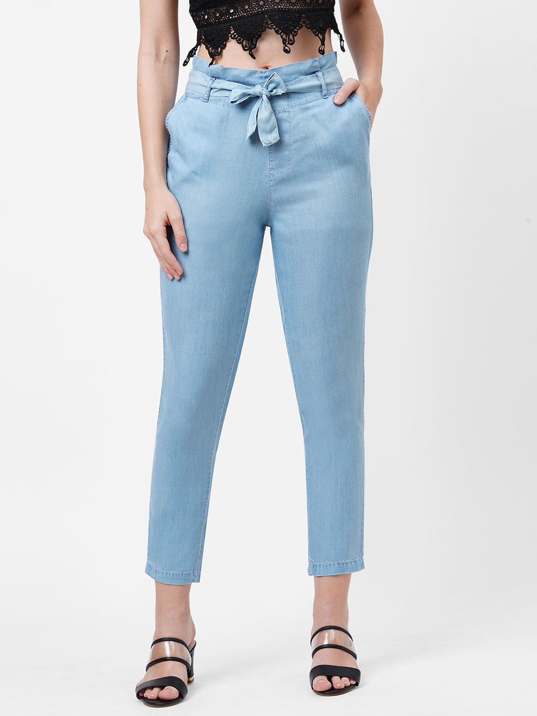 Women Light Blue Paper Bag Pants
