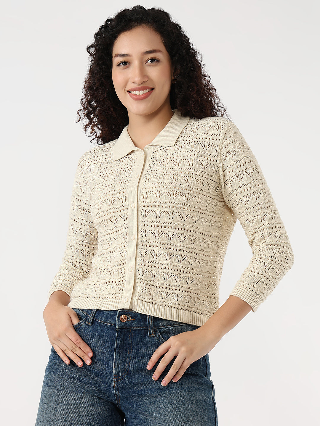 Women Ivory Slim Flat Knit Shirt