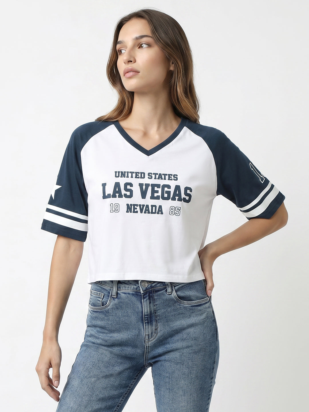 Women White/Airforce Graphic Crop Tees