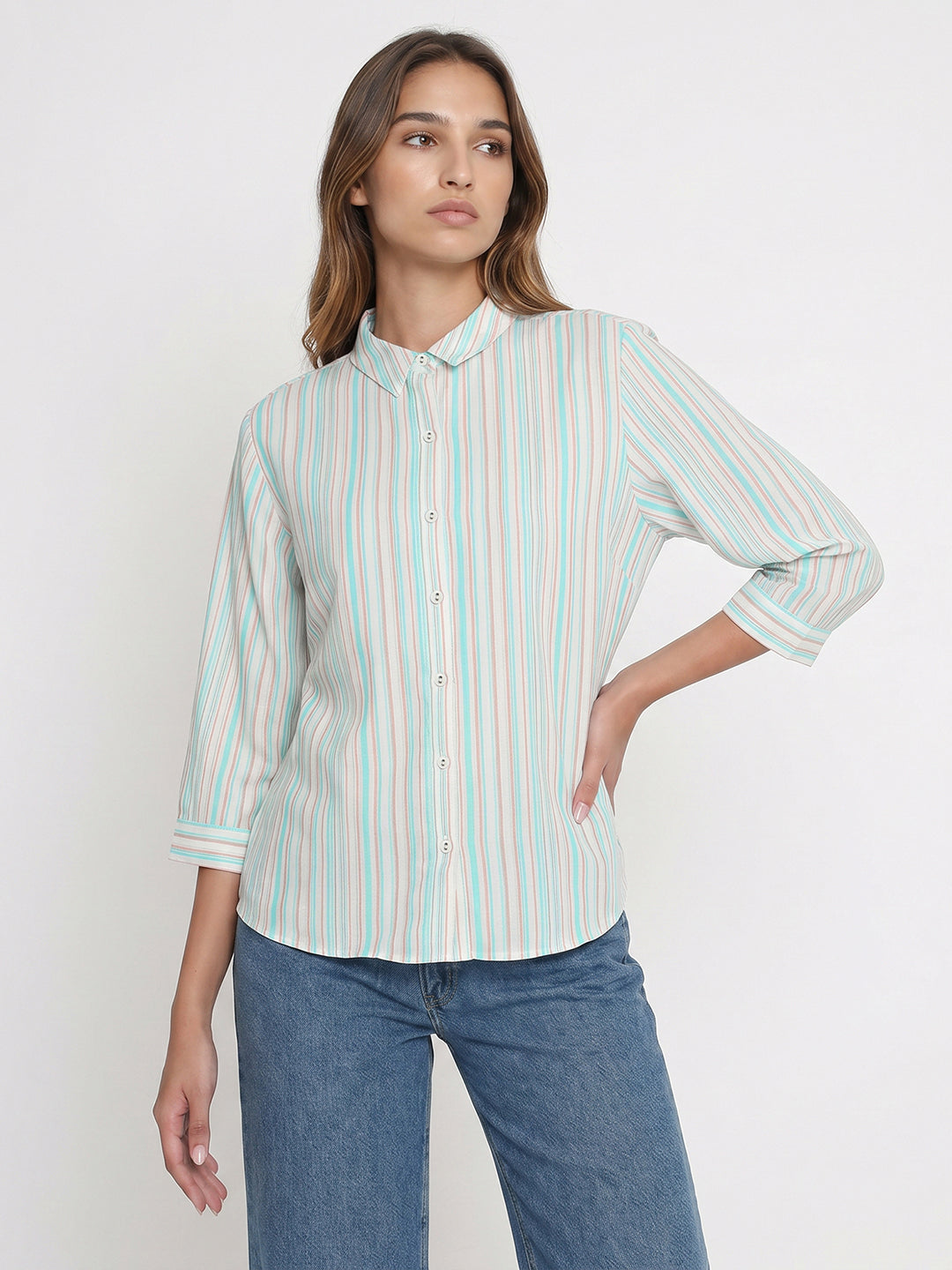Women Rust/Aqua Stripe Shirt