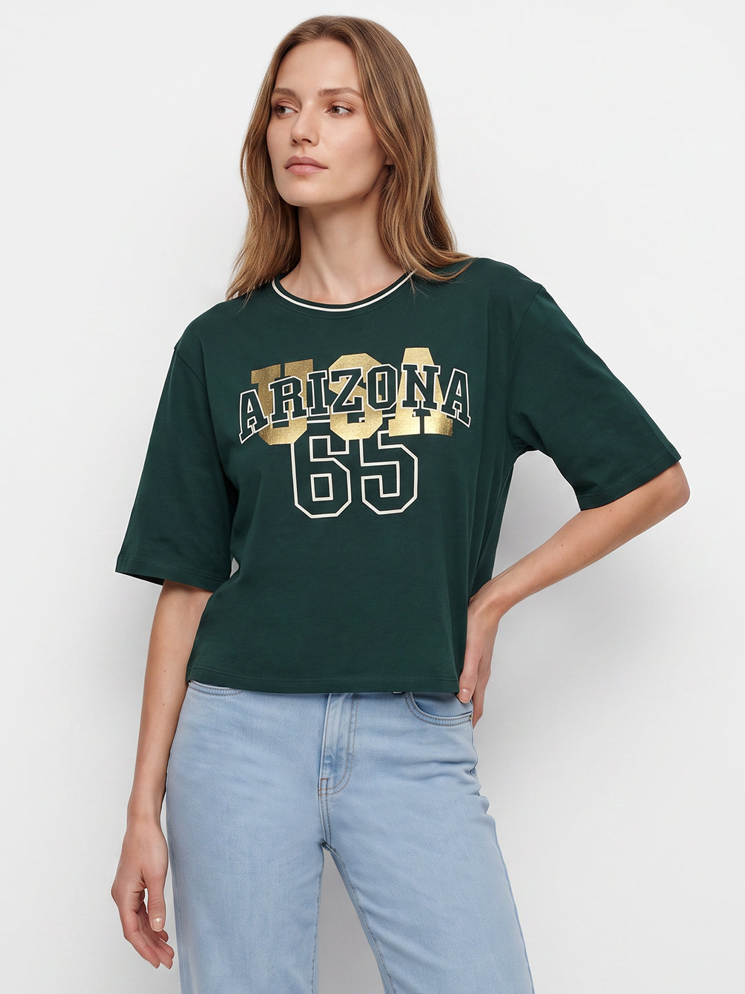 Women Bottle Green Graphic Crop Tees