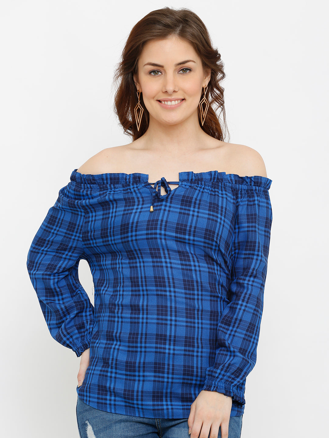 Women Blue/Black Off Shoulder Top