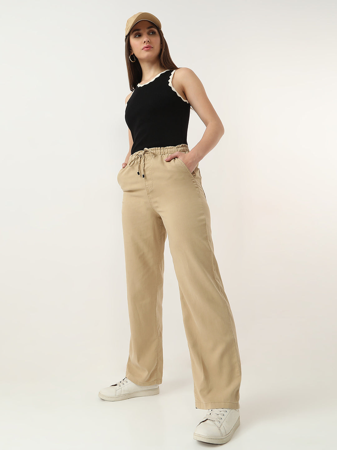 Women Beige Loose Straight Fit Trouser