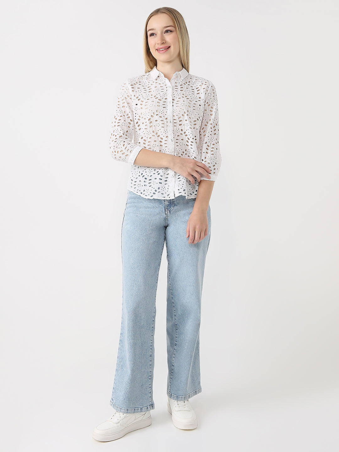 Women Bleach White Schiffli Shirt