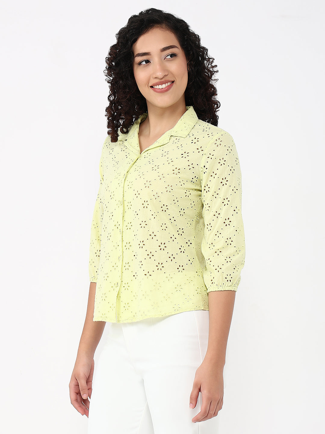 Women Lime Slim Fit Schiffli Shirt