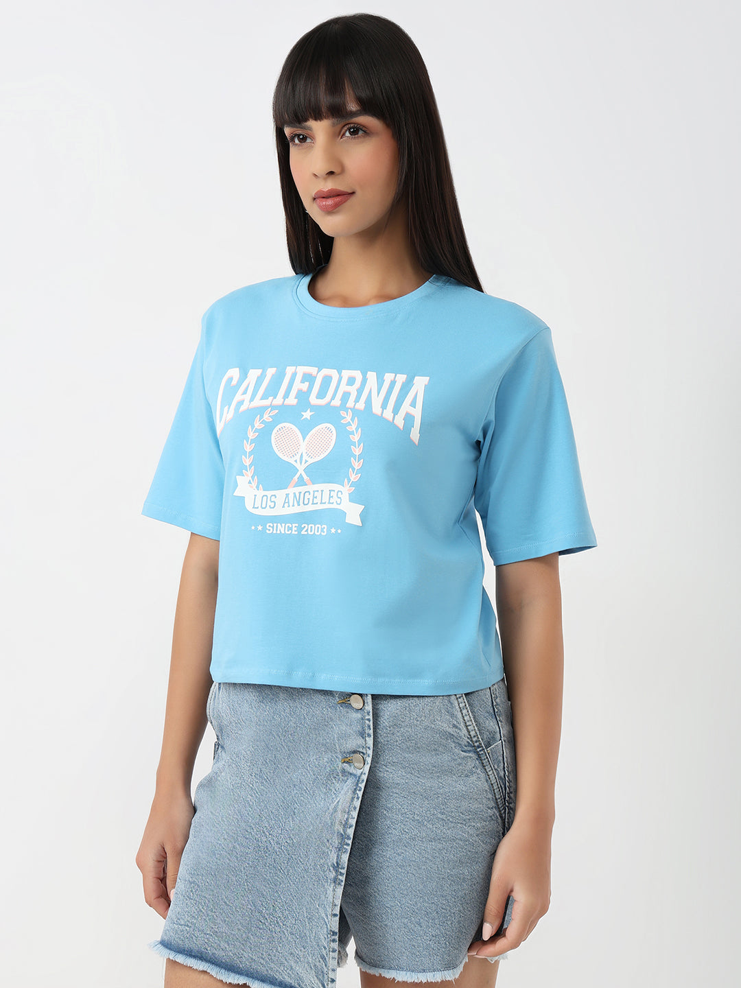 Women Sky Slim Crop Graphic T-Shirt