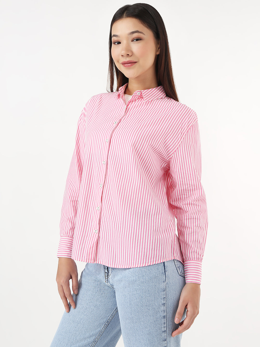 Women Pink/White Slim Oversized Shirt