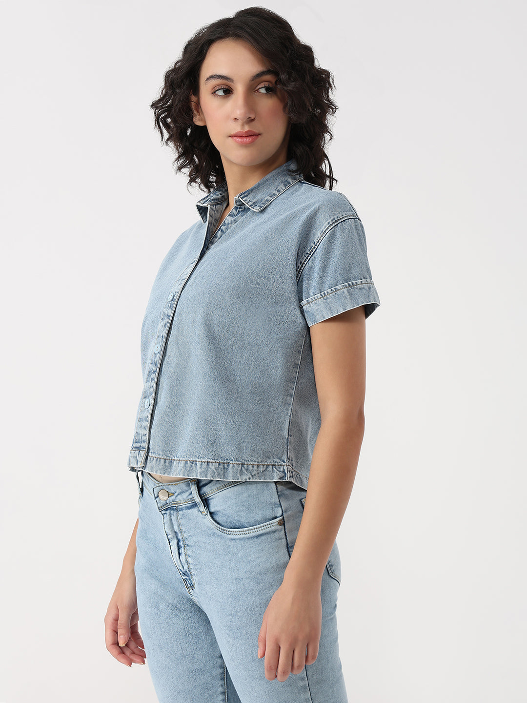 Women Blue Crop Denim Shirt