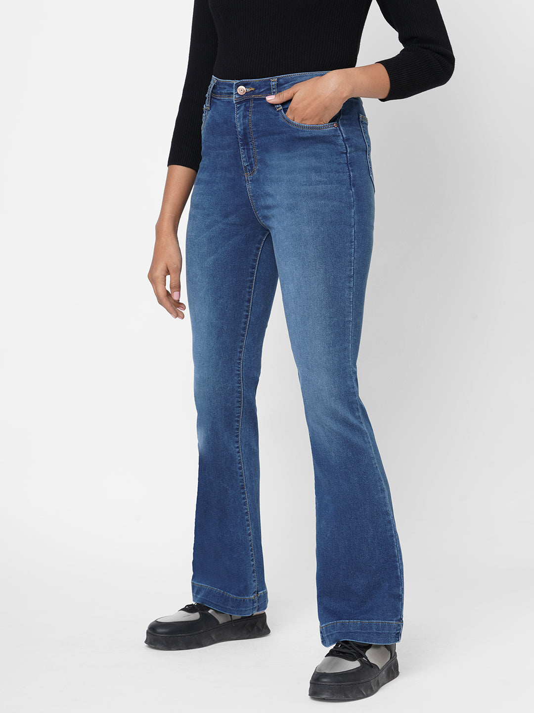 Women Blue High-Rise Mini Flare Jeans