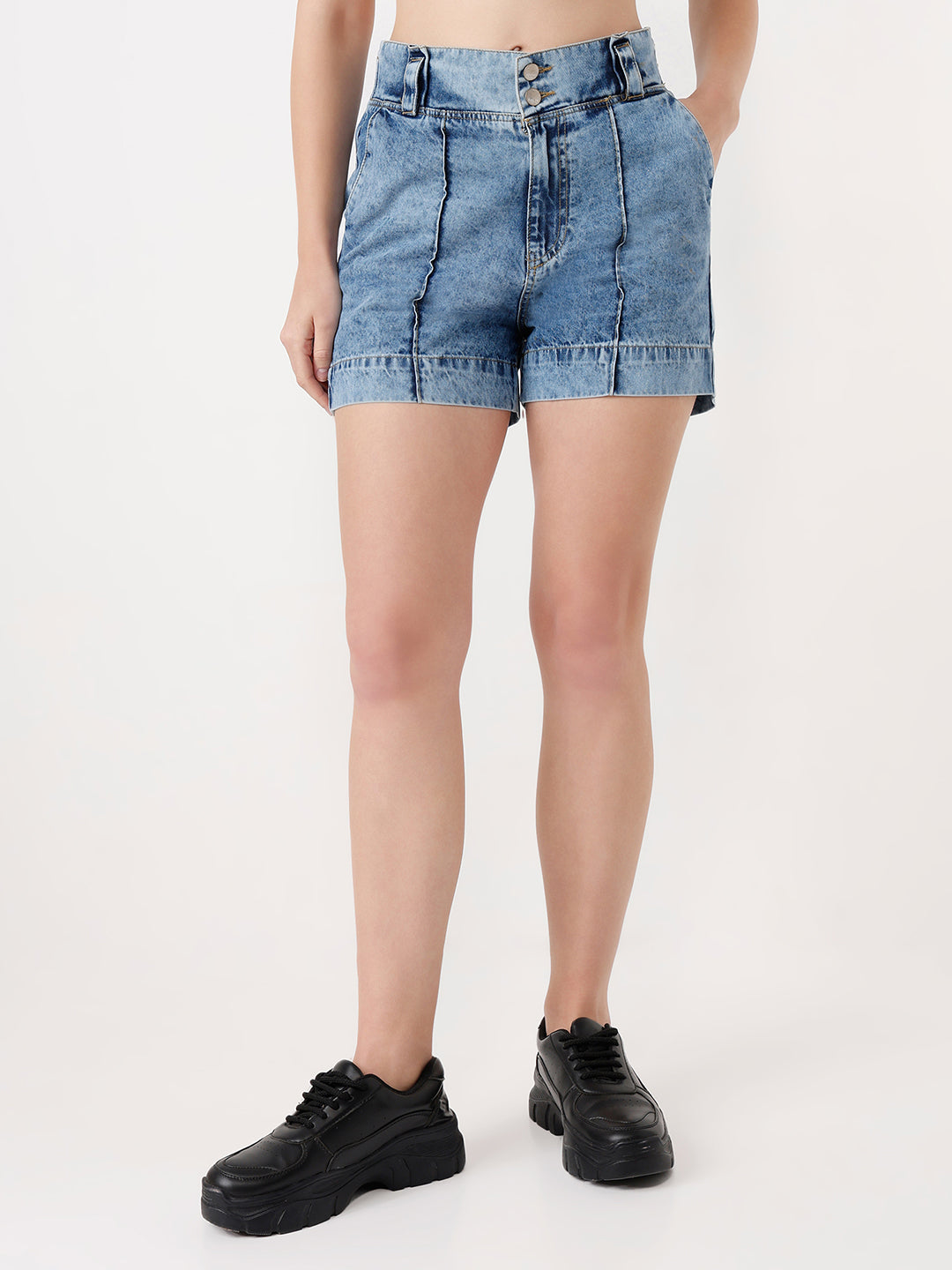 Women Dark Blue High-Rise Slim Shorts