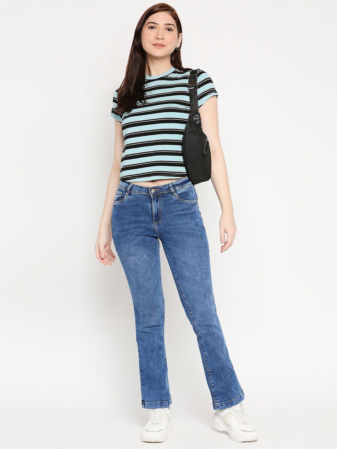 Women Aqua Black Crop Tees