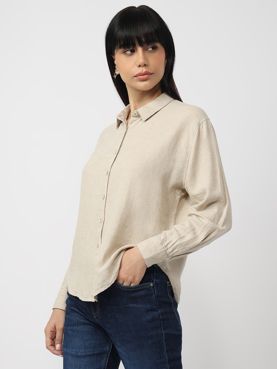 Women Dark Natural Slim Fit Oversized Shirt
