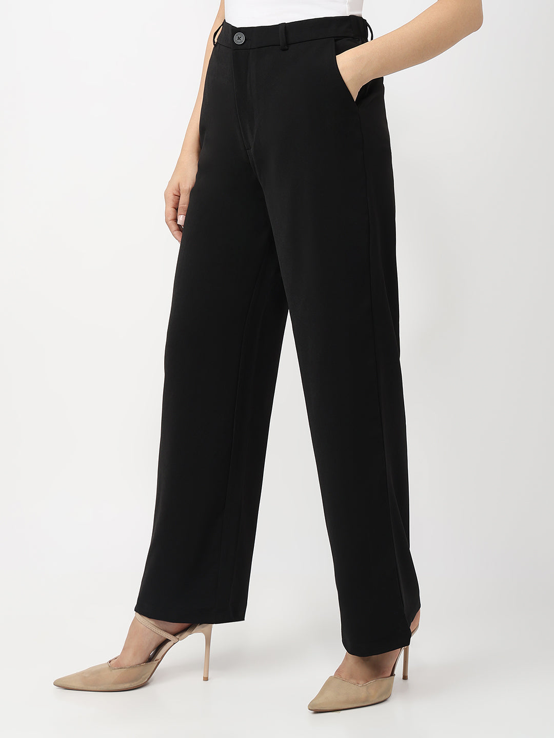 Women Black Mid-Rise Wide Leg Korean Pants