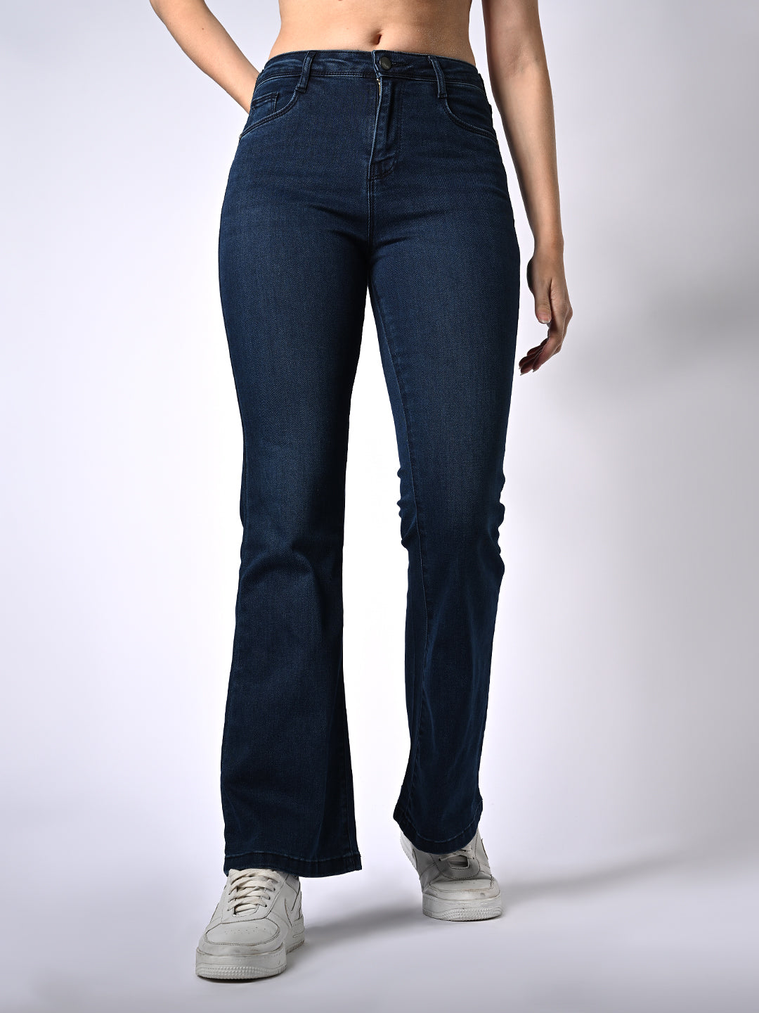 Women Dark Blue High-Rise Mini Flare Jeans