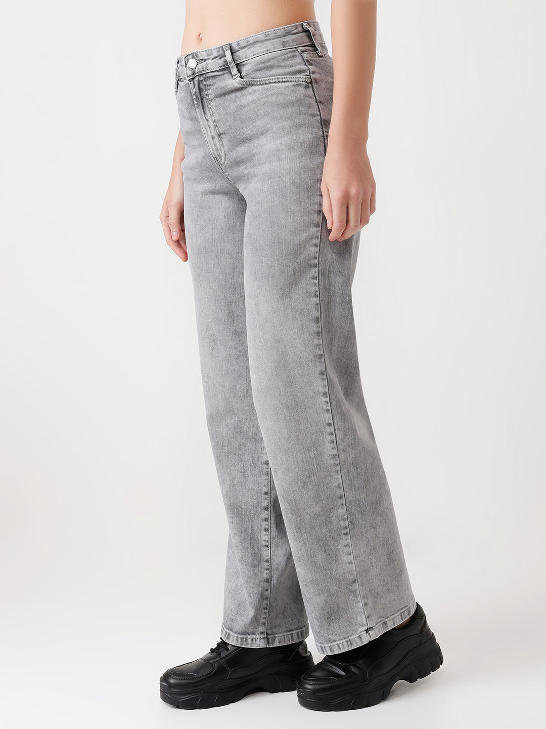 Women Grey High-Rise Wide Leg Jeans