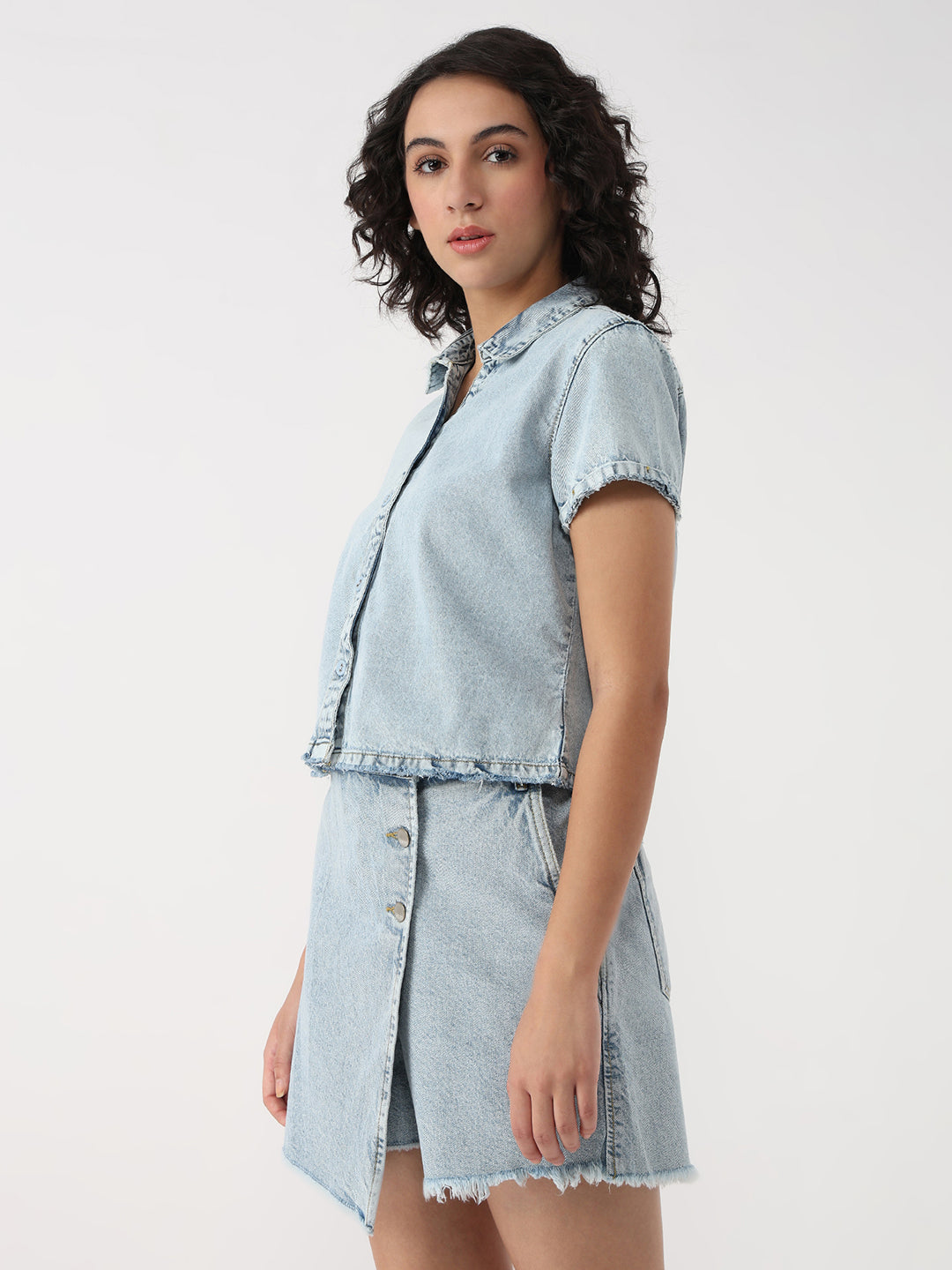 Women Light Blue Slim Crop Shirt Denim