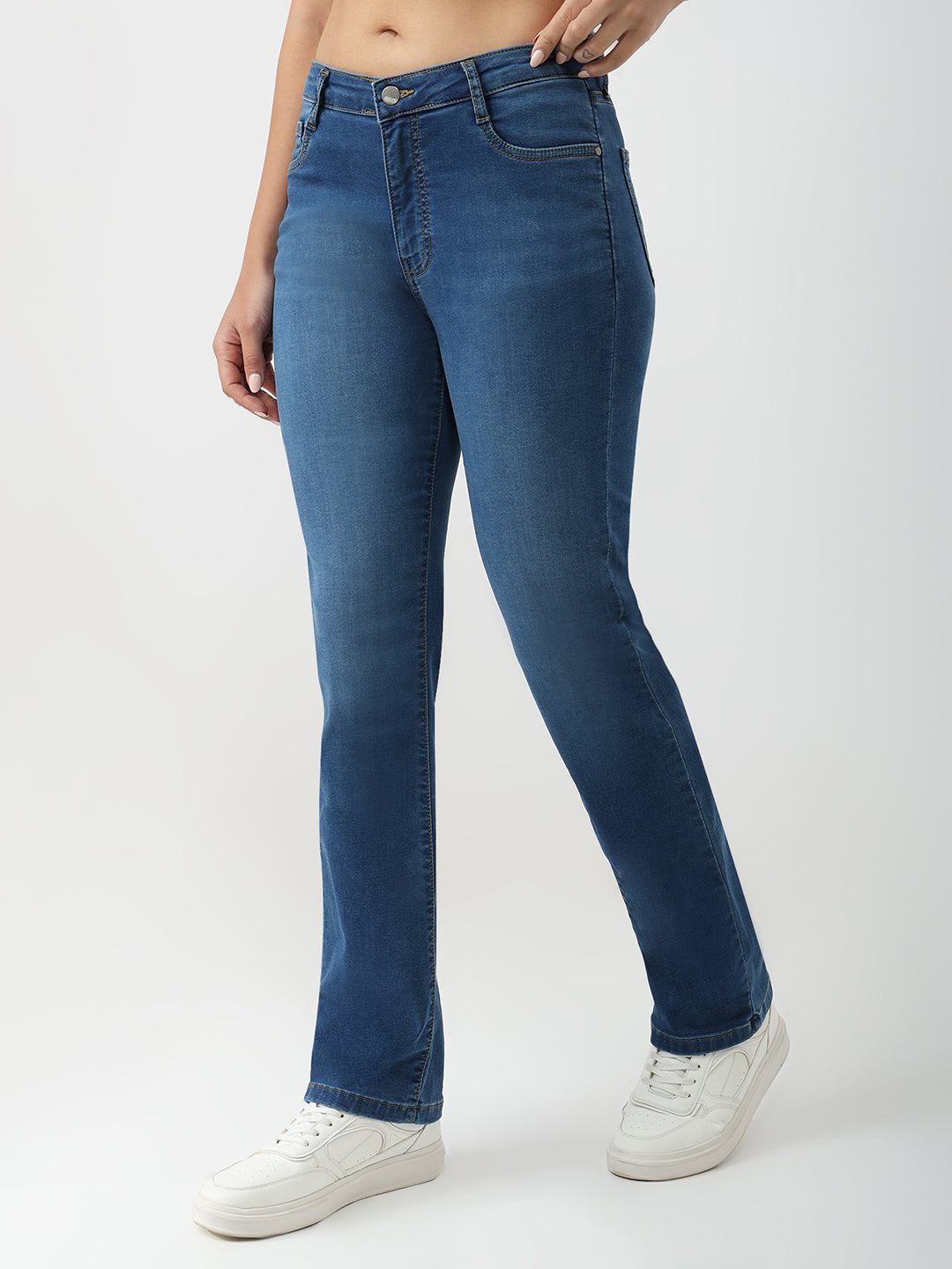 Women Blue High-Rise Slim Straight Jeans