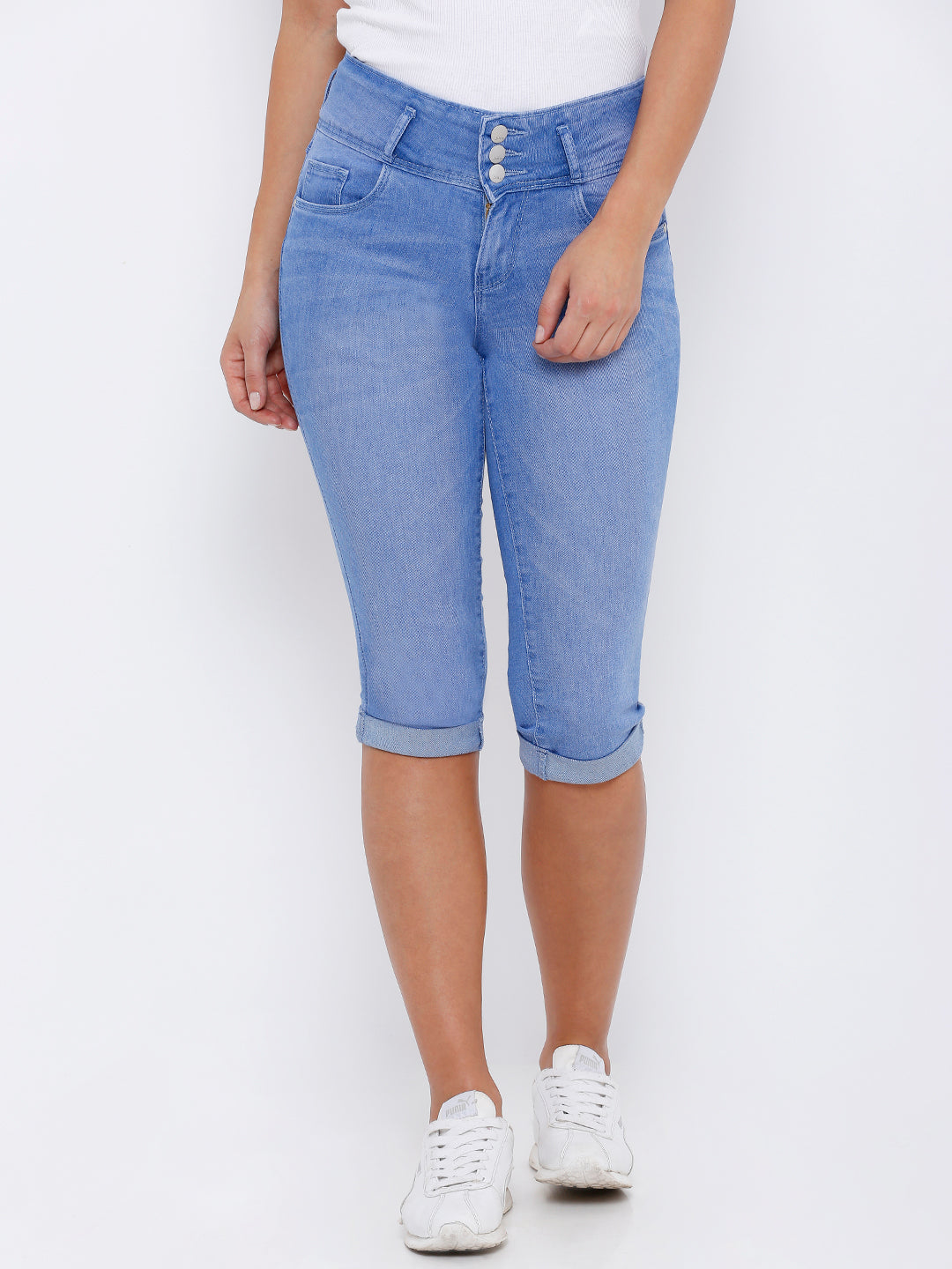 Women Blue Mid-Rise Slim Capri