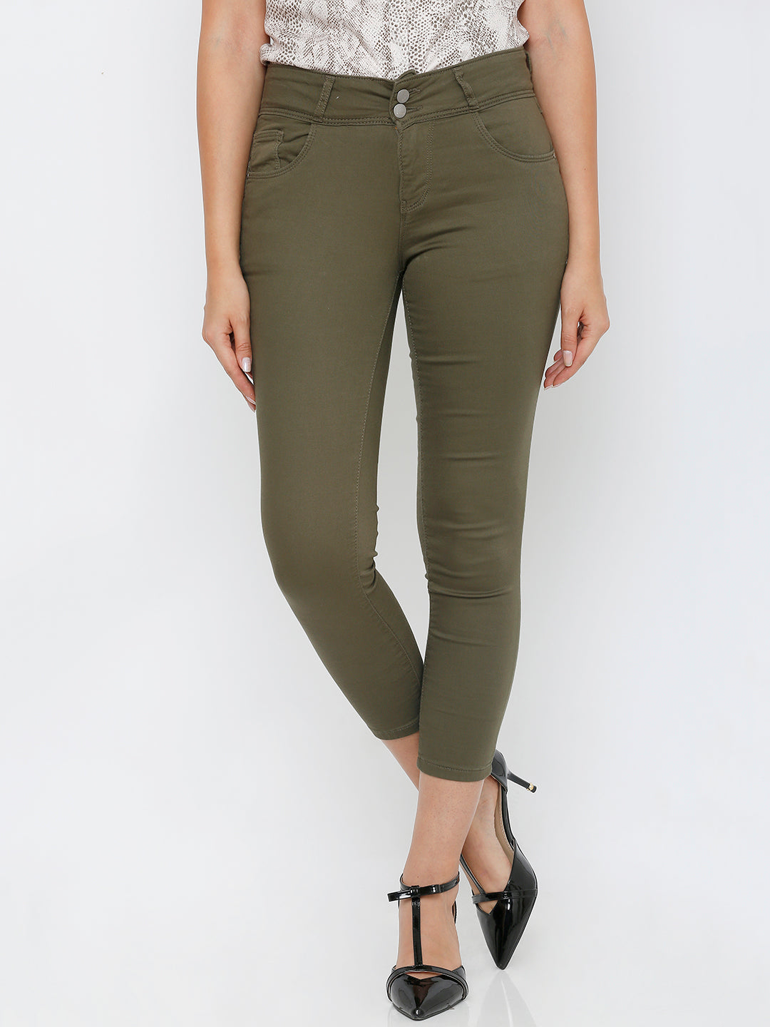 Women Olive Mid-Rise Crop Length Skiny Jeans