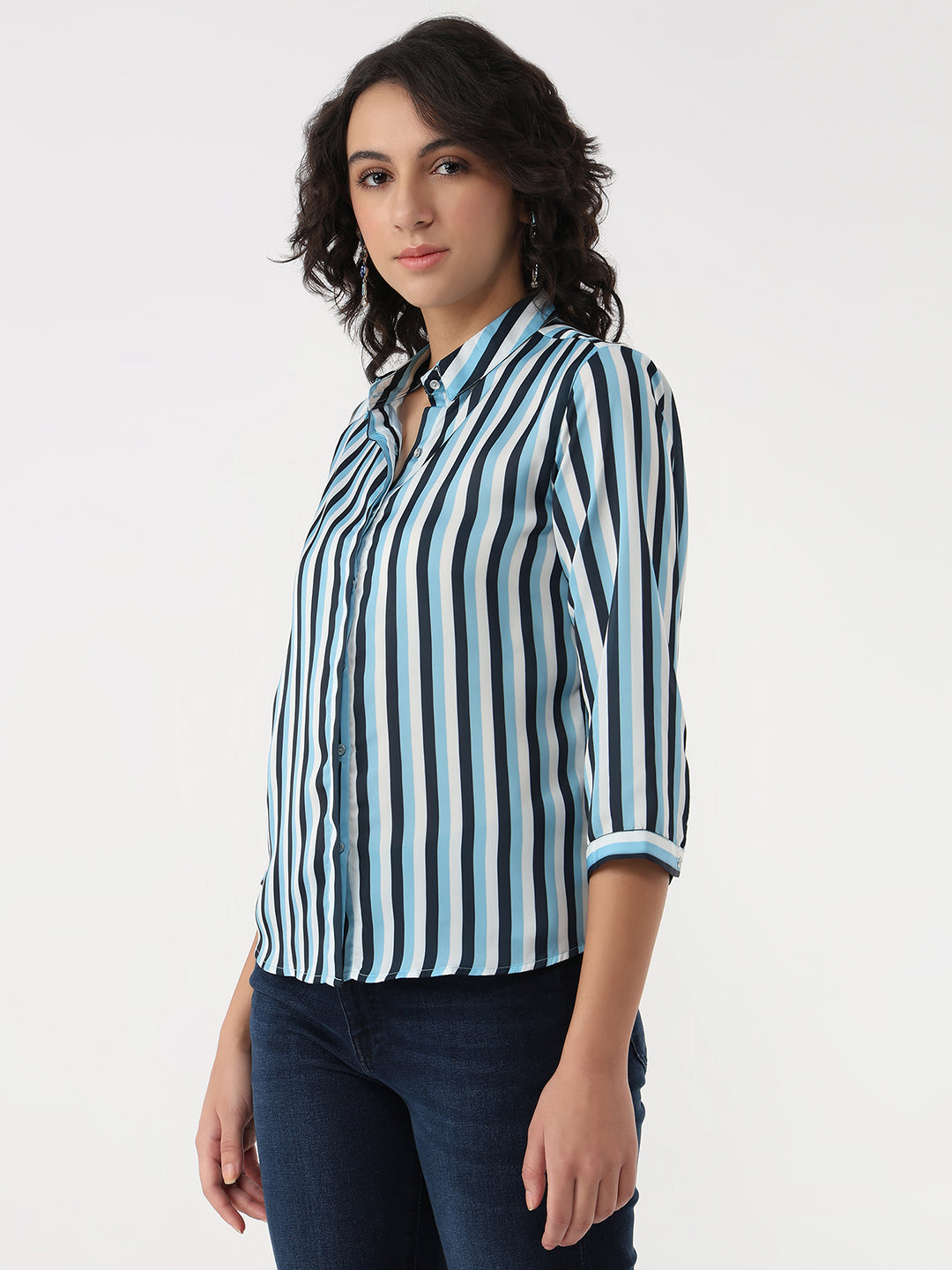 Women Sky/Navy Slim Stripe Shirt