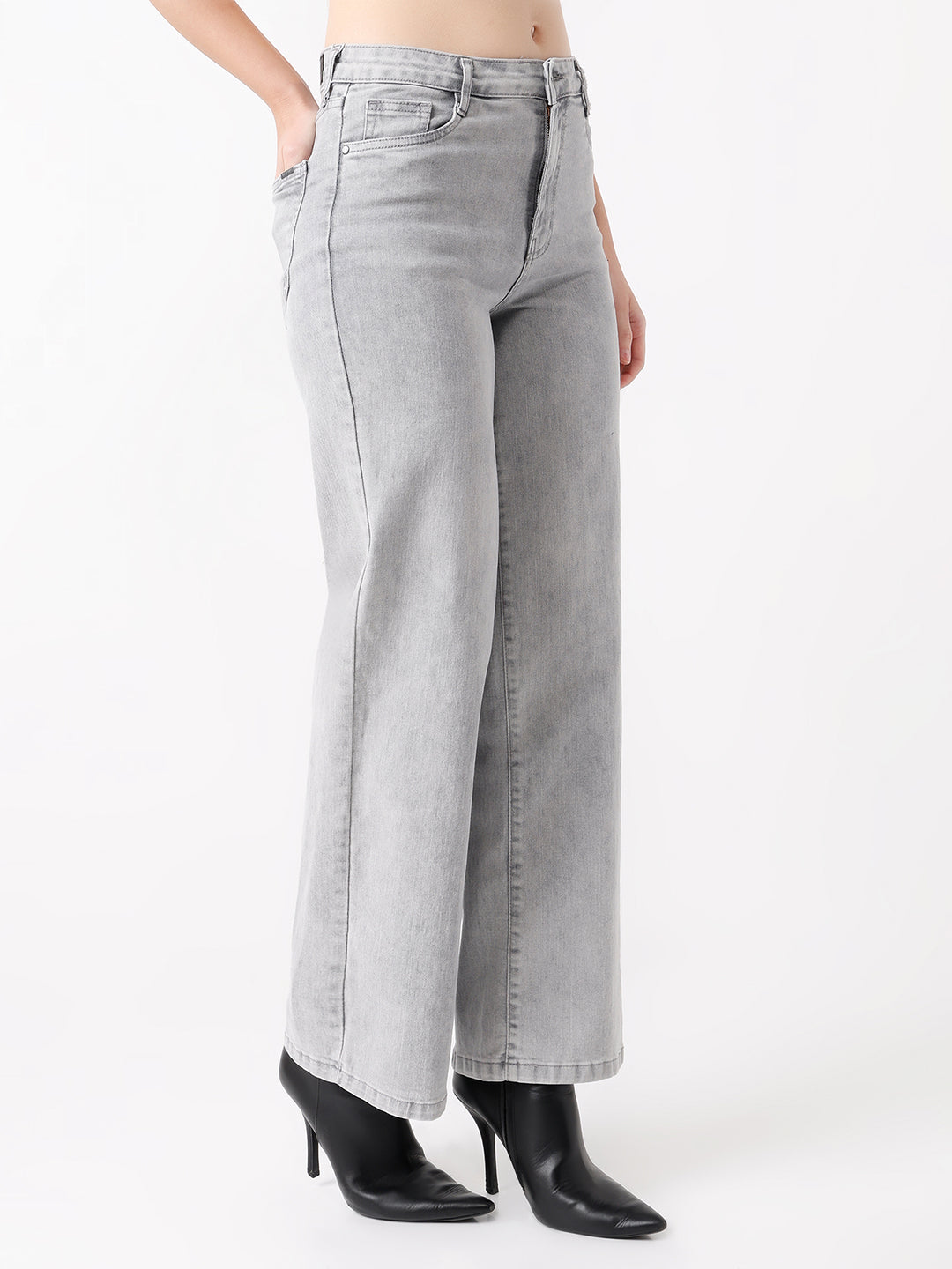 Women Light Grey High-Rise Wide Leg Jeans