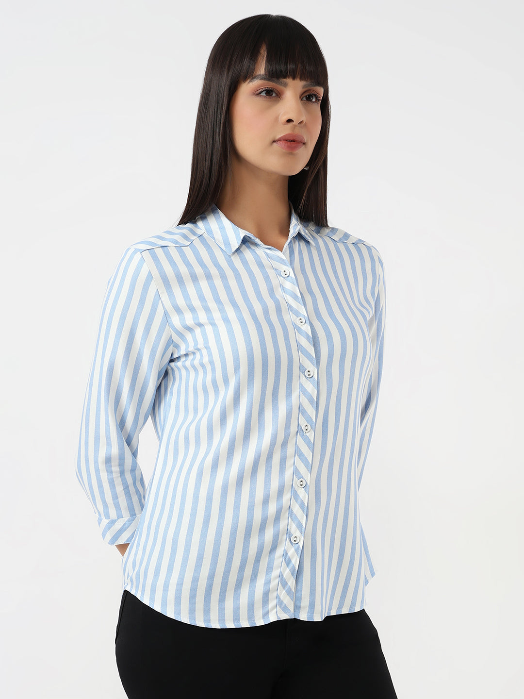 Women Sky/White Slim Stripe Shirt