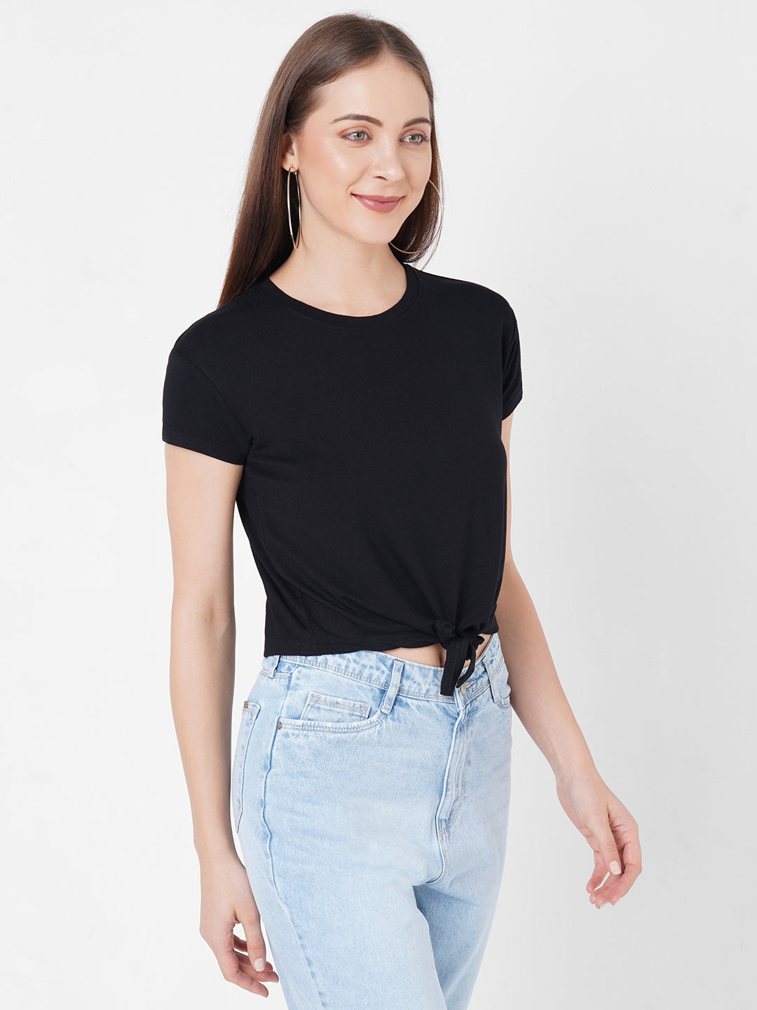Women Crop Front Tie-Up Slim T-Shirt