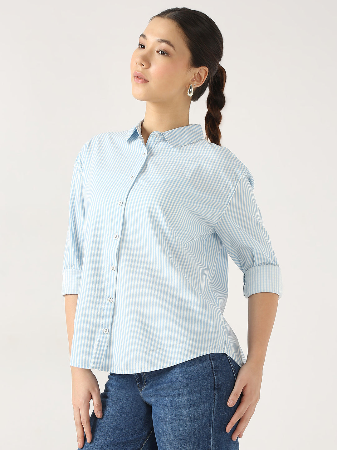 Women Sky/White Oversize Stripe Shirt