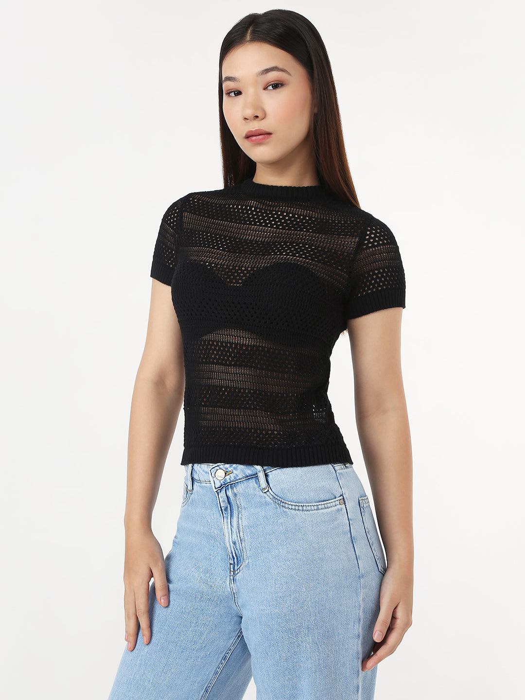 Women Black Slim Flat Knit Top