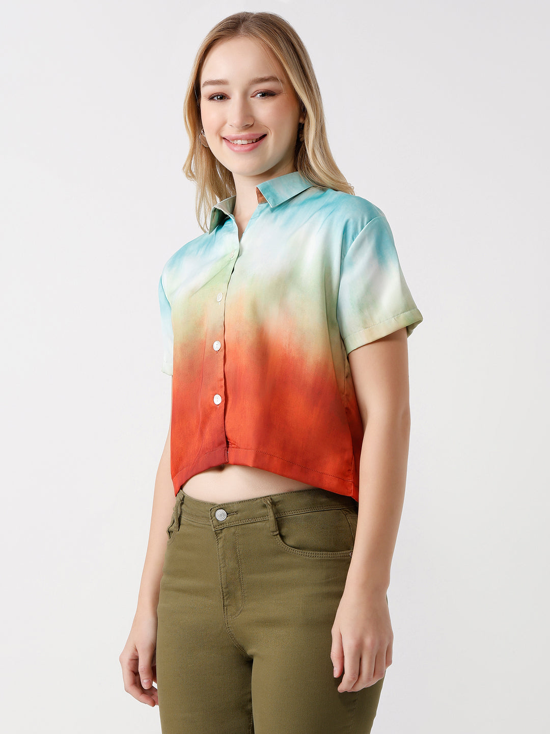 Women Rust/Aqua Ombre Crop Shirt