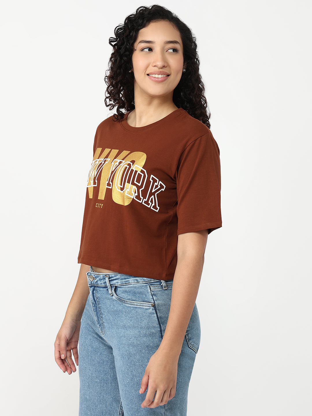 Women Sepia Slim Graphic Crop T-Shirt