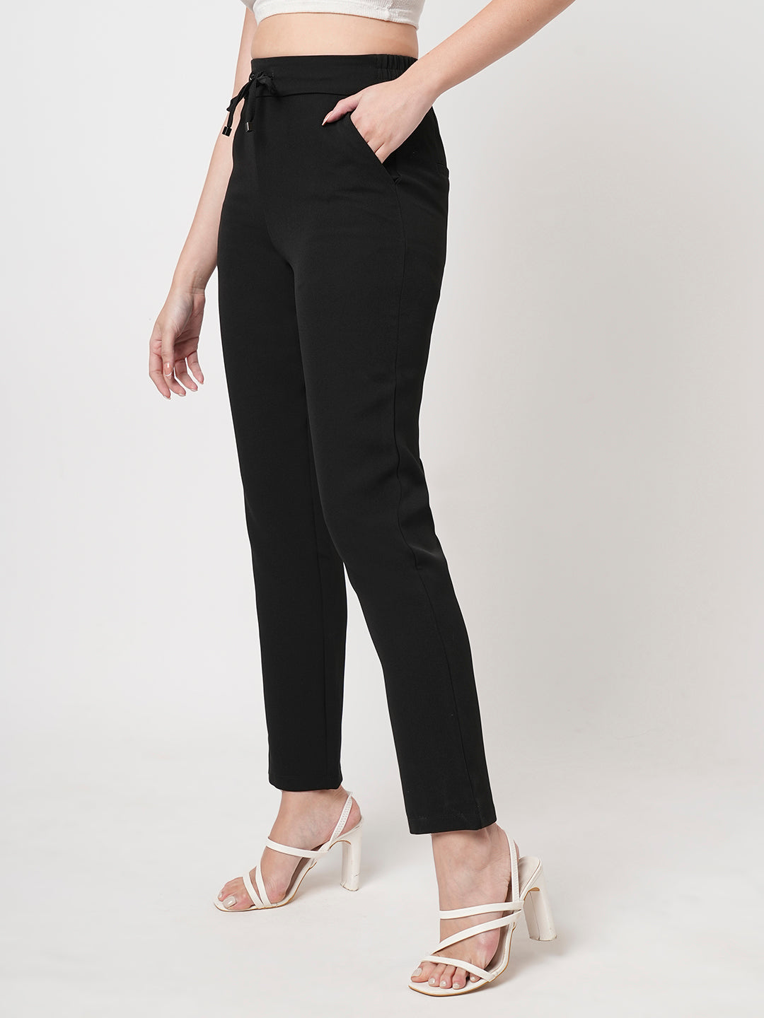 Women Black Mid-Rise Slim Fit Trousers