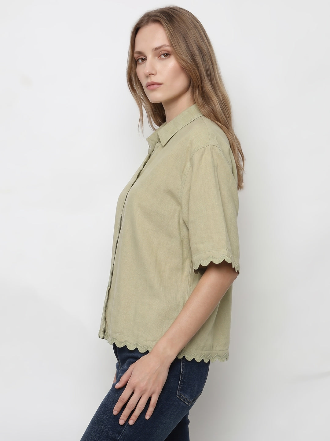 Women Light Olive Crop Shirt