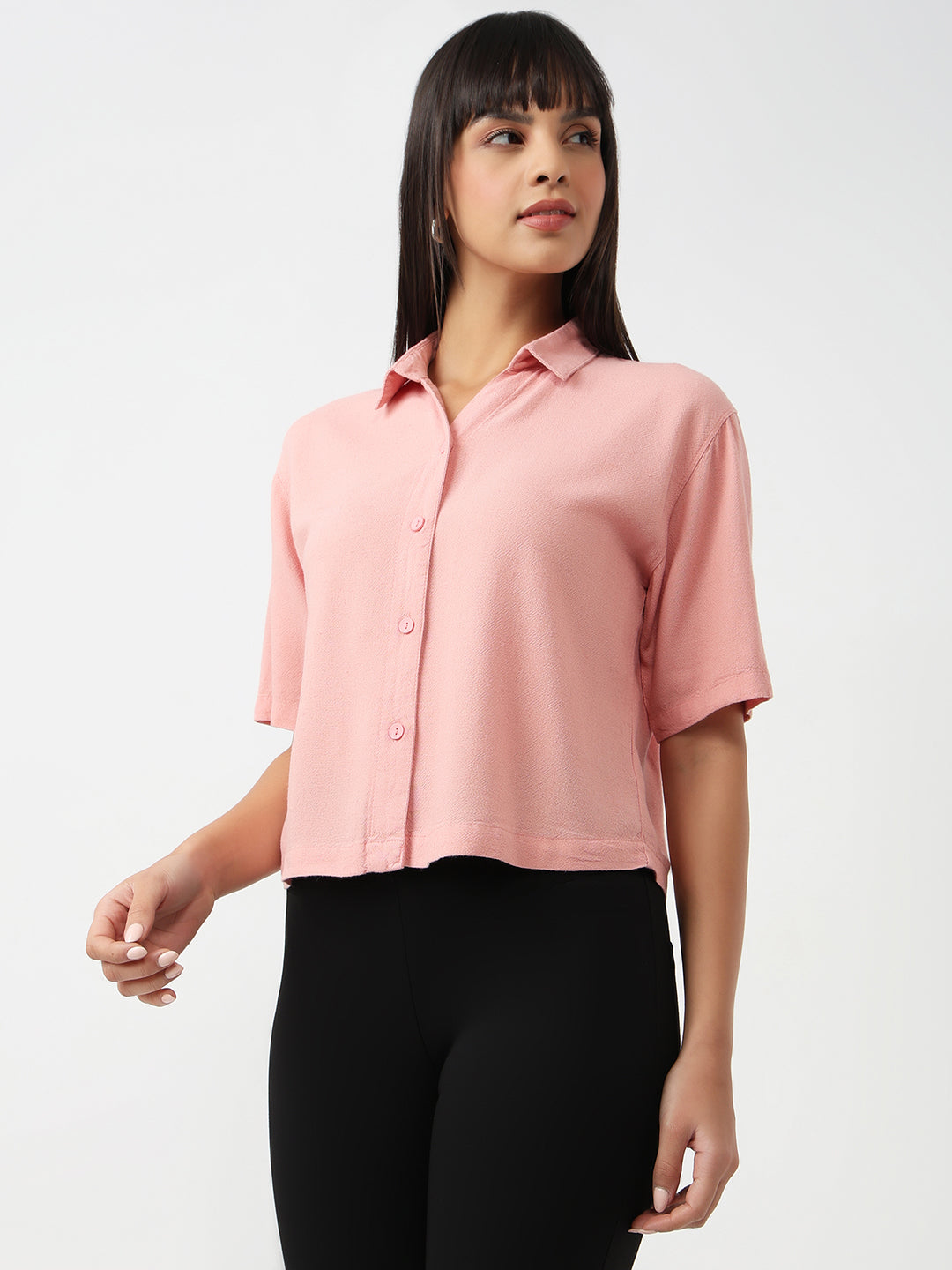 Women Blush Pink Slim Crop Shirt