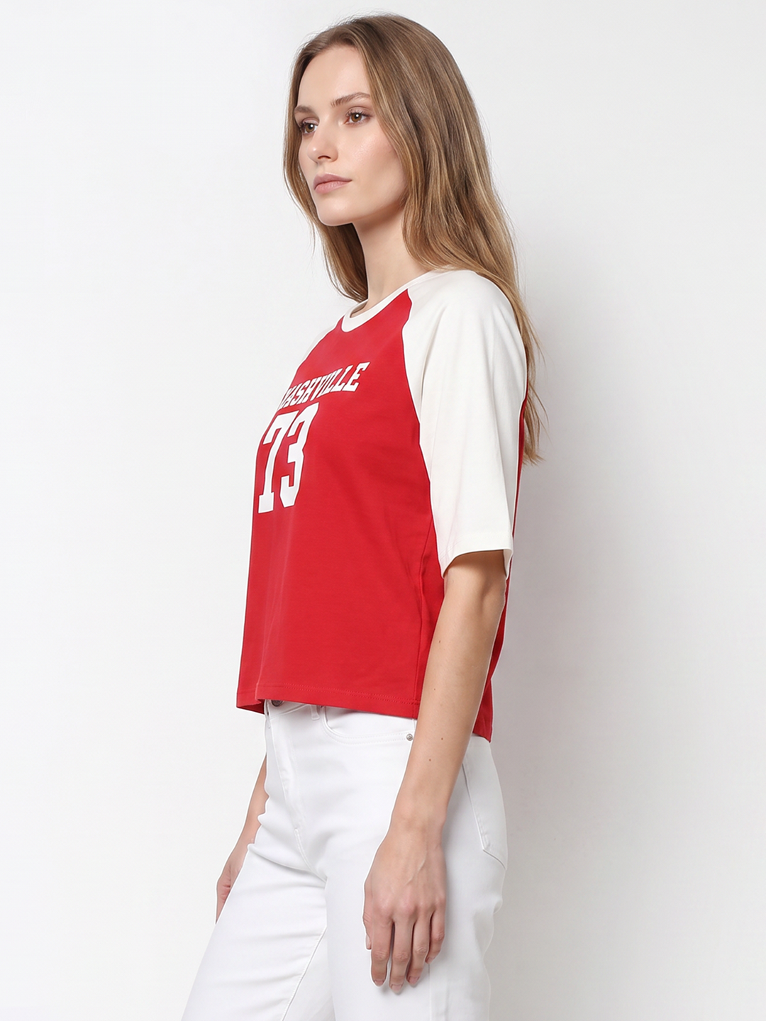 Women Red/ Off White Crop Tees