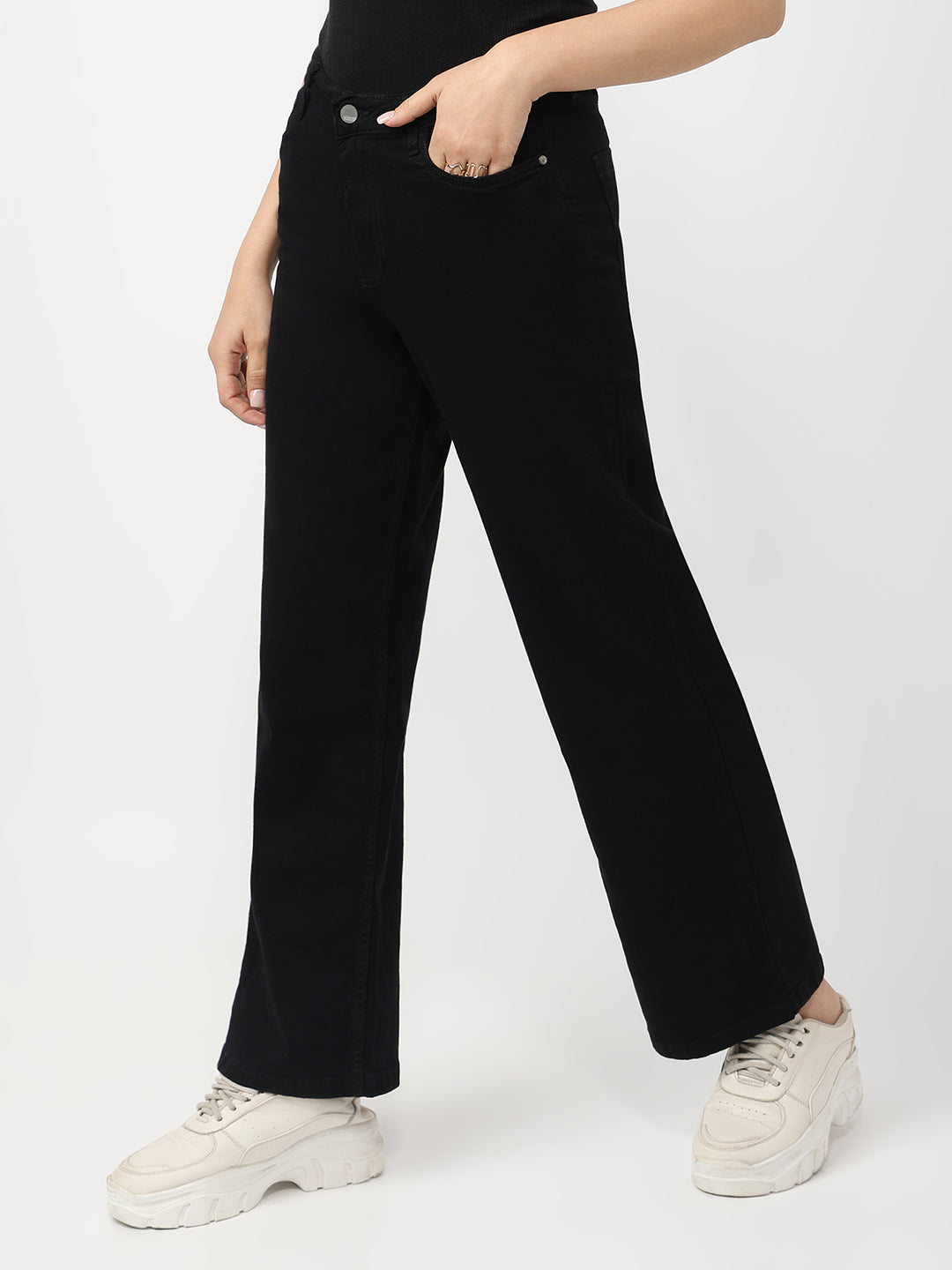 Women Black High-Rise Wide Leg Jeans