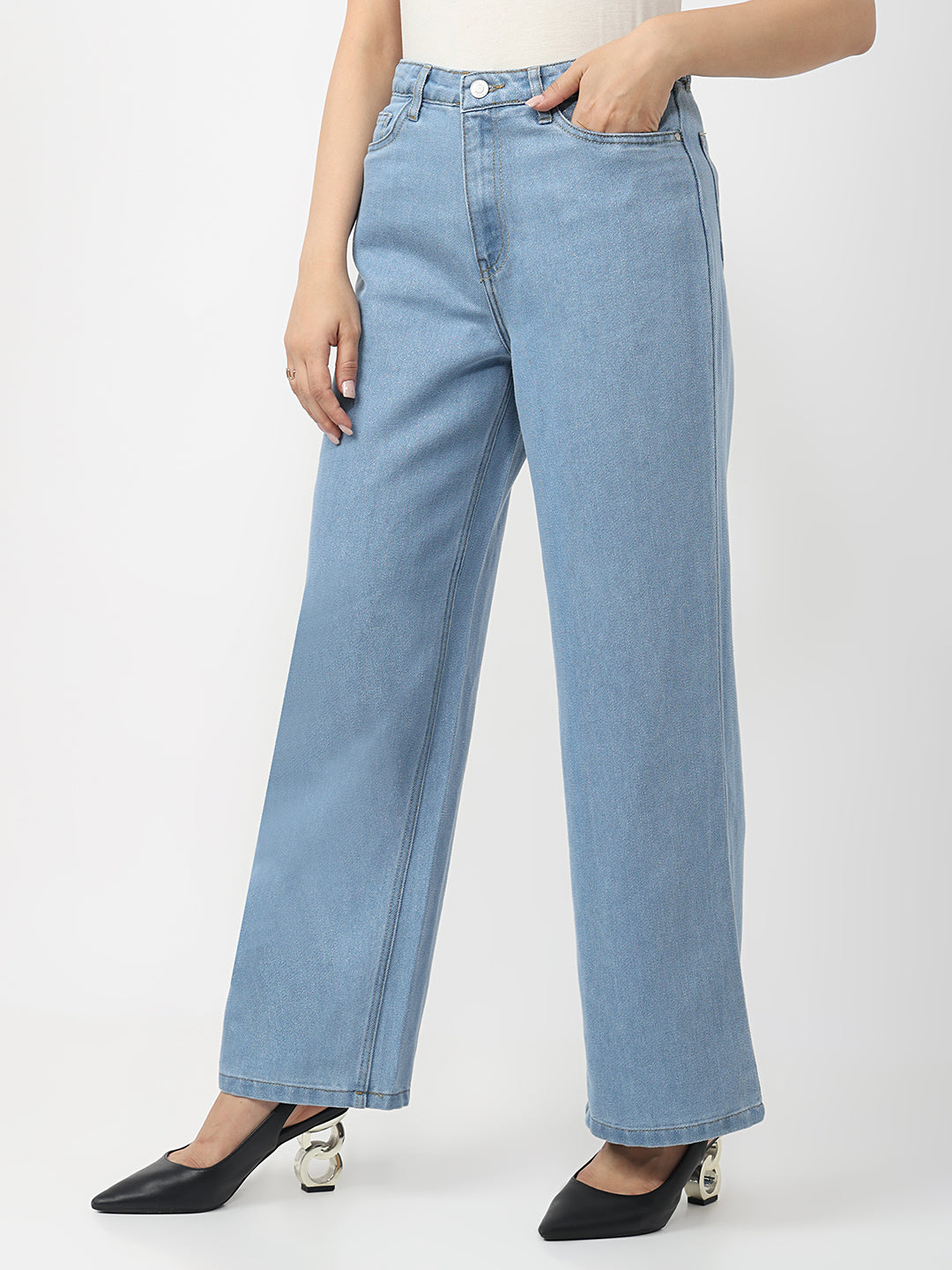 Women Light Blue High-Rise Wide Leg Shimmer Jeans