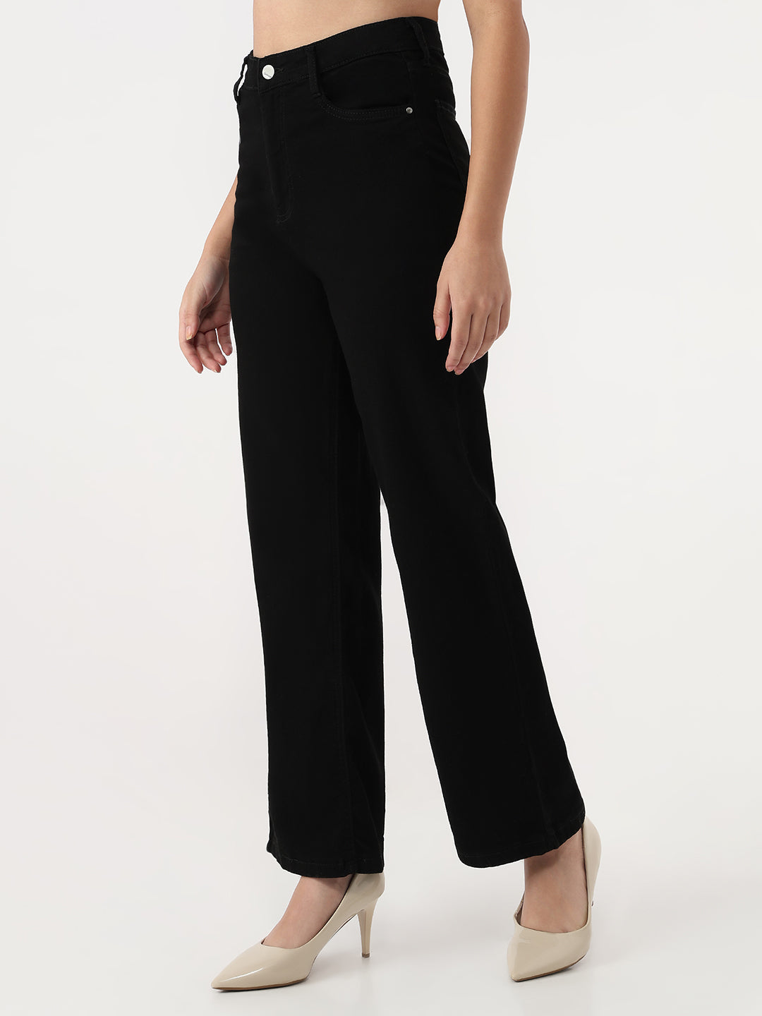 Women Solid Wide Leg Jeans