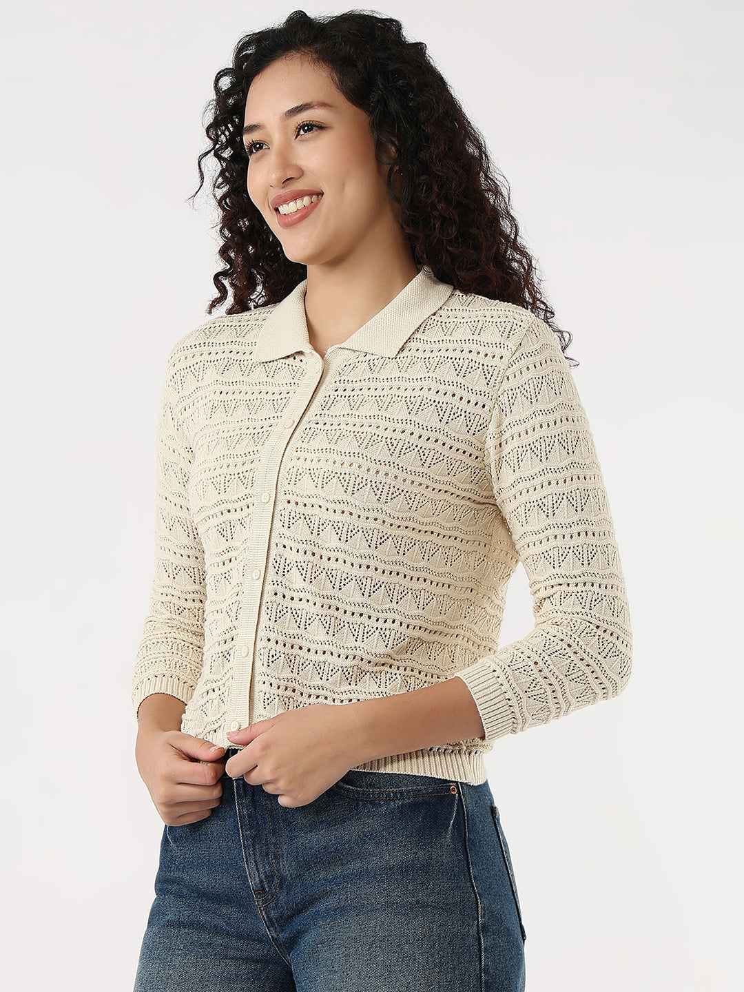 Women Ivory Slim Flat Knit Shirt