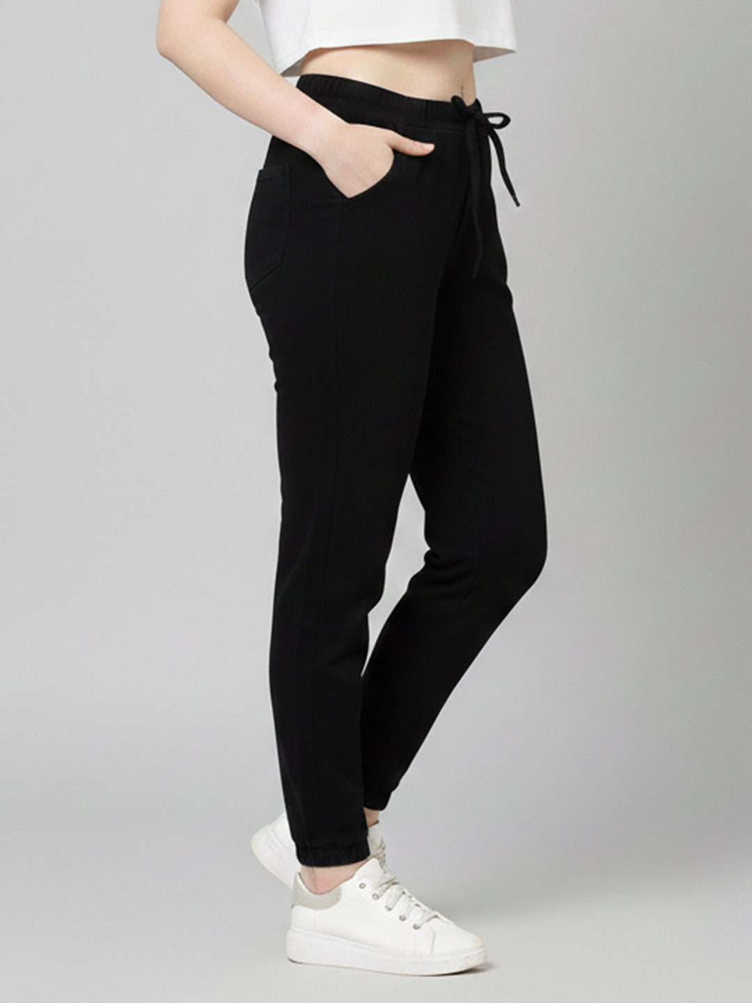 Women Black High-Rise Denim Joggers