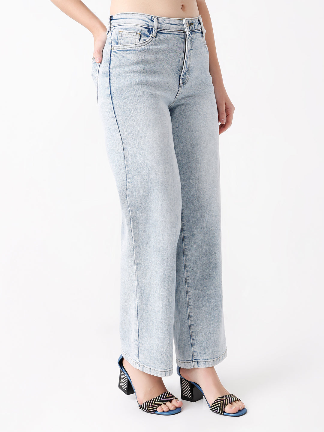 Women Light Blue High Rise Wide Leg Jeans
