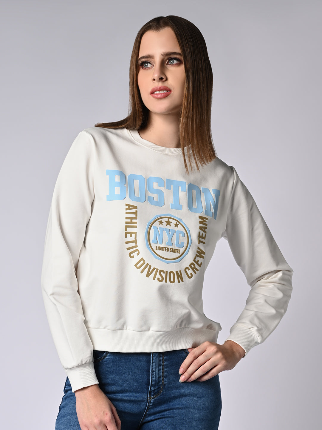 Women Off White Slim Fit Sweatshirt