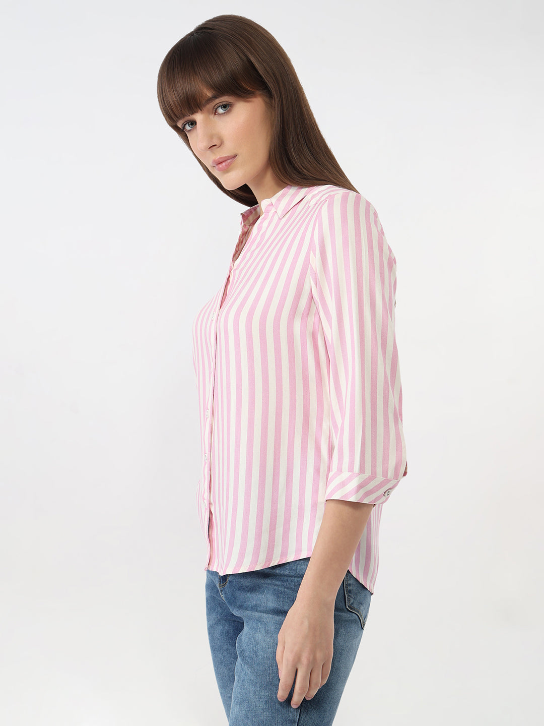 Women Pink/White Striped Slim Shirt