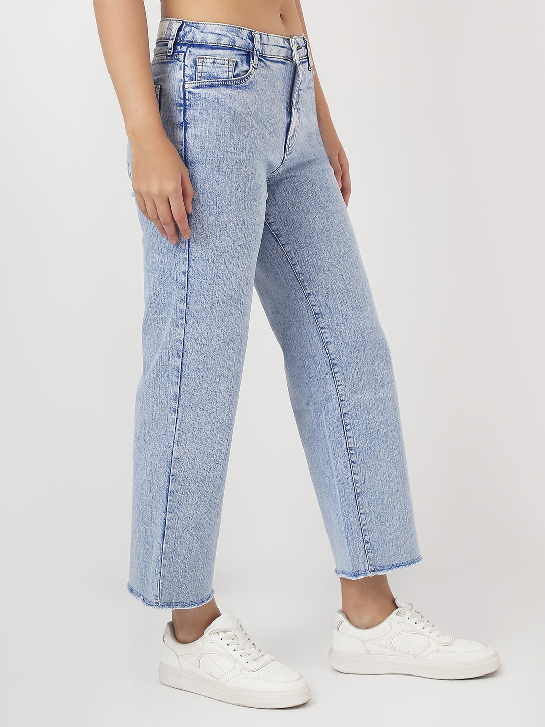 Women Light Blue Crop Wide Leg Jeans