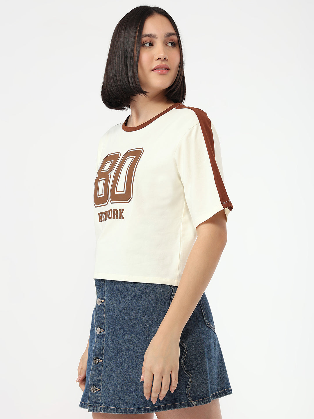 Women Ivory Slim Fit Crop T-Shirt