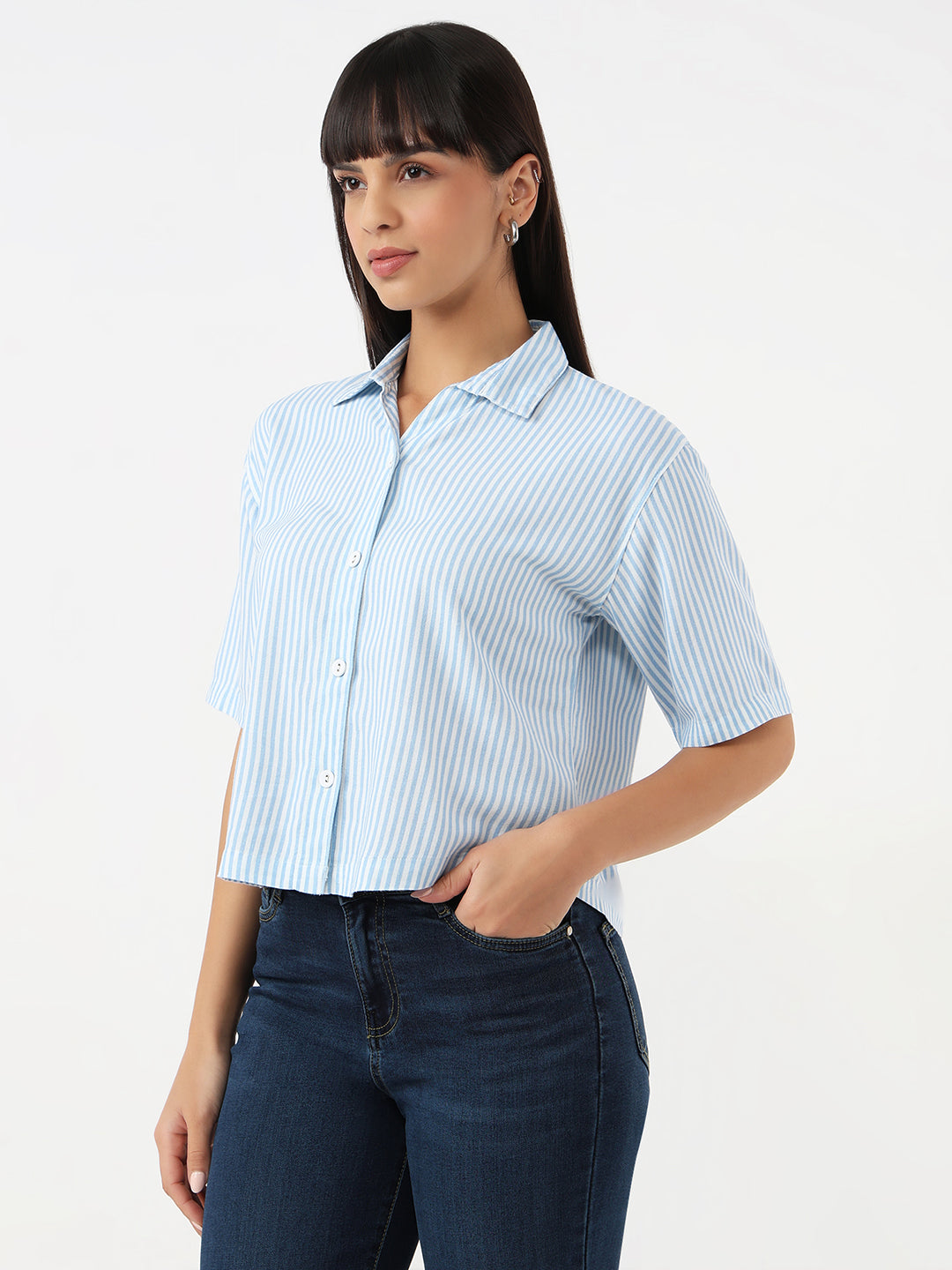 Women Sky/White Crop Stripe Shirt