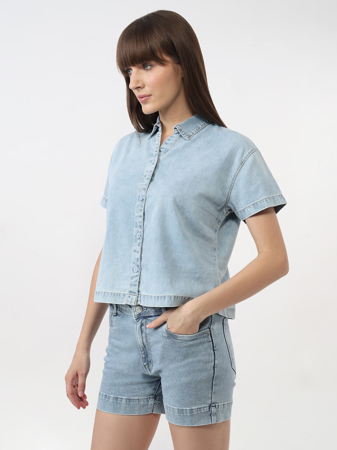 Women Light Blue Slim Crop Denim Shirt