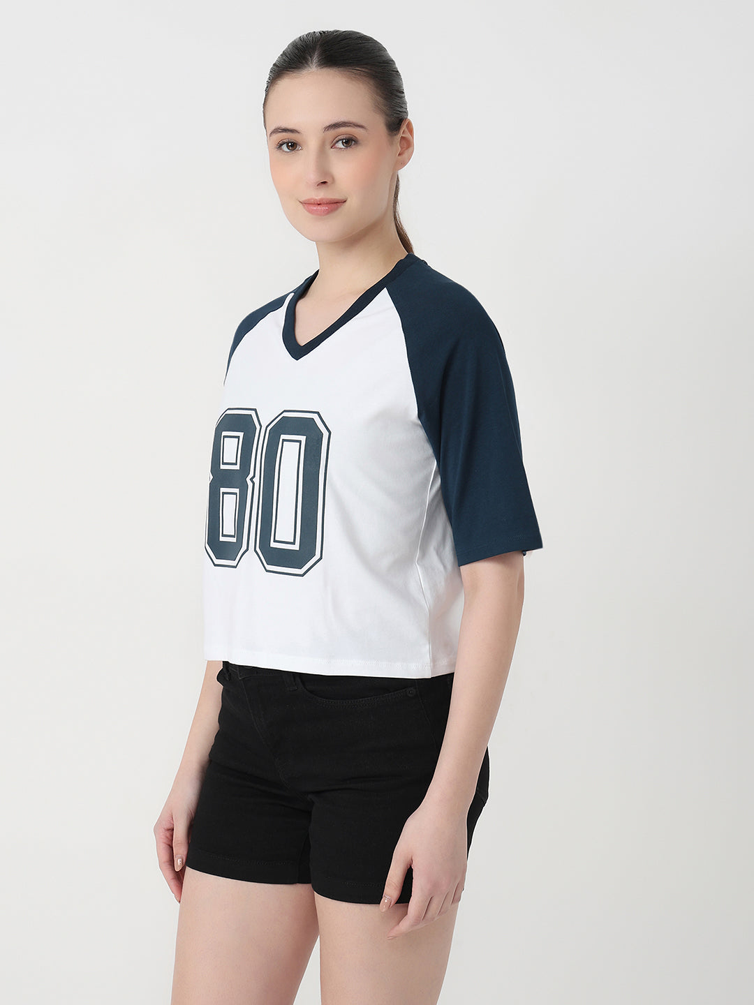 Women White/Airforce Slim Fit Graphic Crop T-Shirt